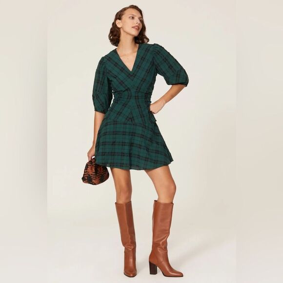 Tanya Taylor Emmaline Green and Black Pleated Plaid Mini Dress Women’s Size 4 - Picture 1 of 14